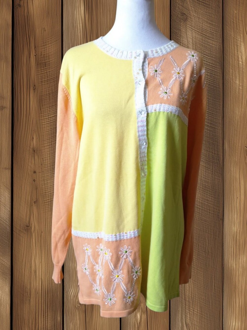 Bob Mackie Wearable Art Women's Large Colorblock Embroidered Button Up Cardigan
